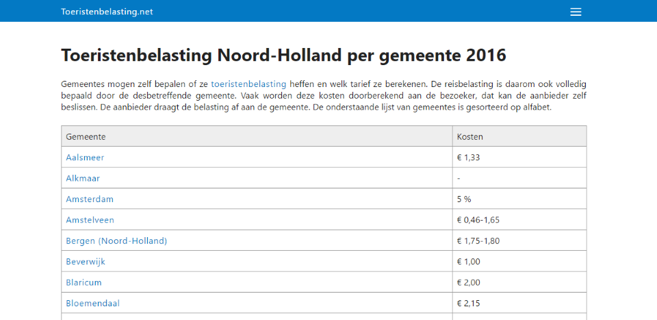 Toeristenbelasting.net Noord Holland